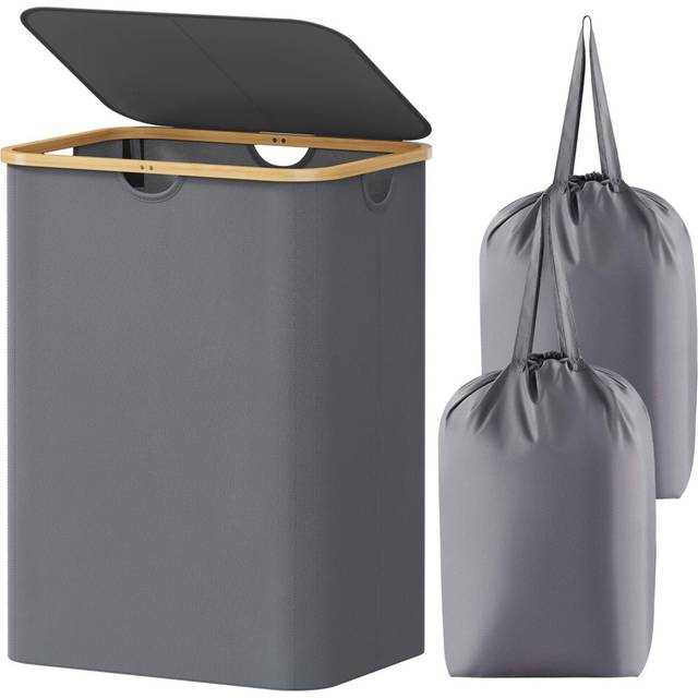 Lifewit 150L Laundry Basket with Lid, Clothes Hampers for Laundry with Bamboo Handles and 2 Removable Laundry Bags, Large Foldable Laundry Hamper for