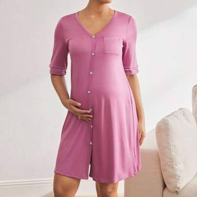 SHEIN Maternity Loungewear - Short Sleeve Top + Knee-Length Jumpsuit Button Up Nightgown