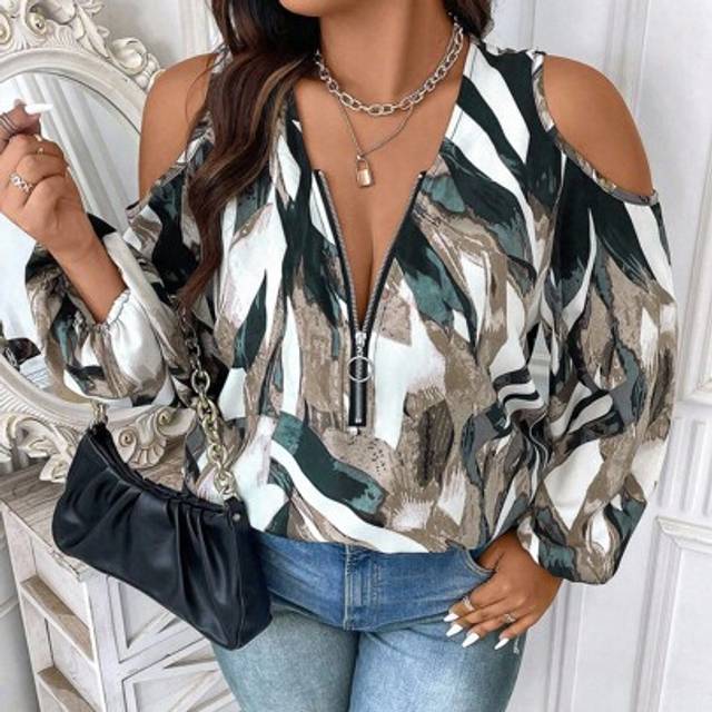 Celure Plus Size Women&#39;s Allover Print Off-Shoulder Lantern Sleeve Zip-Up Half Placket Fashion Shirt Fall Cloth For Women Abstract Print Blouse Women Blouses