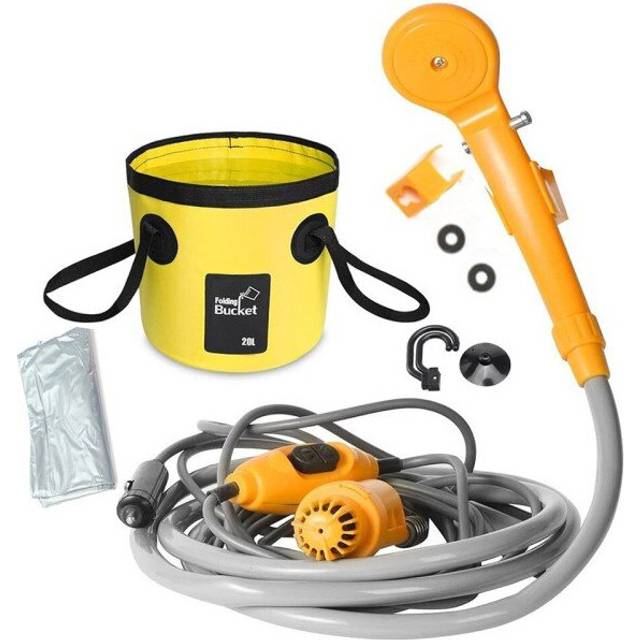 (Yellow with bucket) Camping Shower 12V Electric Outdoor Shower Water Bag Kit