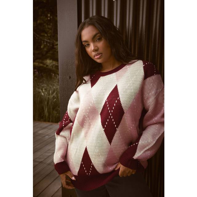 Yours Curve Red Argyle Knitted Jumper, Women's Curve & Plus Size, Yours - 30-32