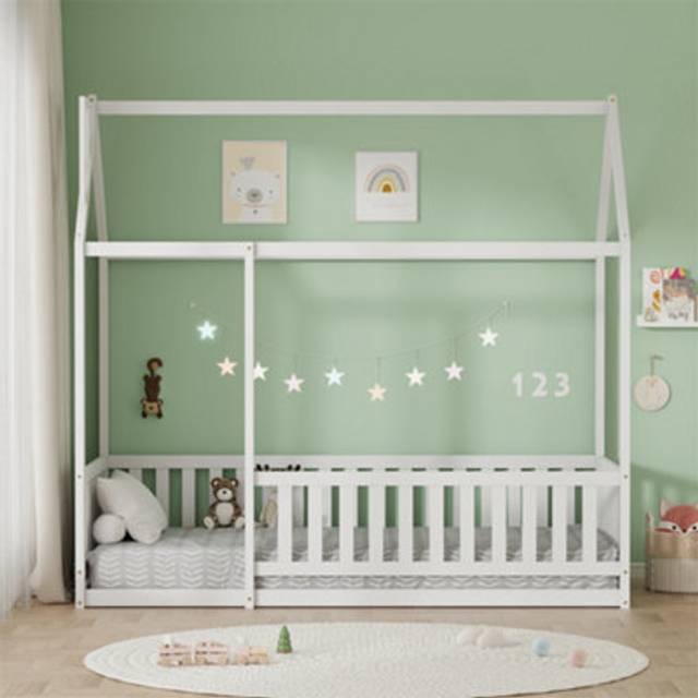 FURNITURE HMD Kids Single Bed Frame Children’s House Bed Frame with Protection,Solid Pine Wood White Floor Bed for Toddlers and Children