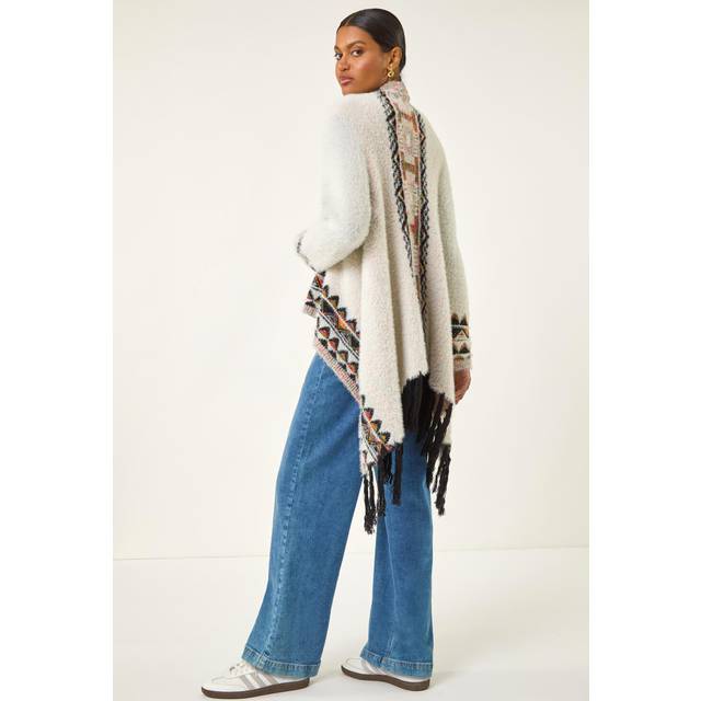 Roman Fluffy Fringe Poncho In Ivory - S
