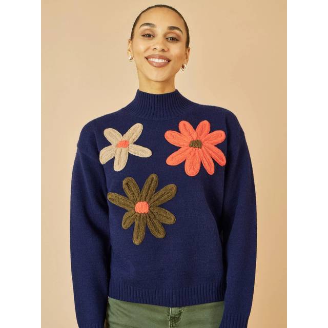 Yumi Navy Knitted High Neck Jumper With Applique Flowers - L