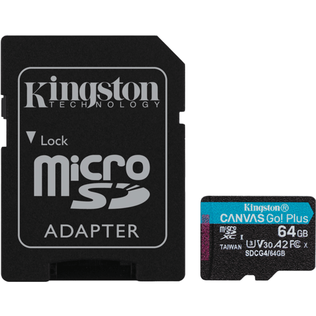 Kingston Canvas Go! Plus - Flash-minneskort (microSDXC till SD-adapter inkluderad) - 64 GB - A2 / Video Class V30 / UHS-I U3 / Class10 - mikroSDXC UHS-I