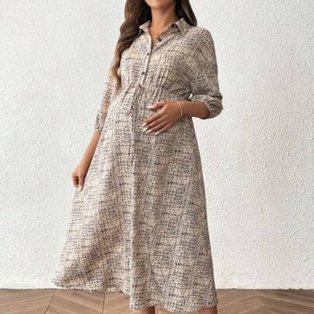 SHEIN Maternity Tie Dye Print Lantern Sleeve Button Half Placket Waist Tie Casual Shirt Dress