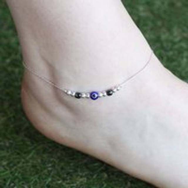 The Colourful Aura Pure Silver Beaded Evil Eye Nazar Payal Anklet - One Size