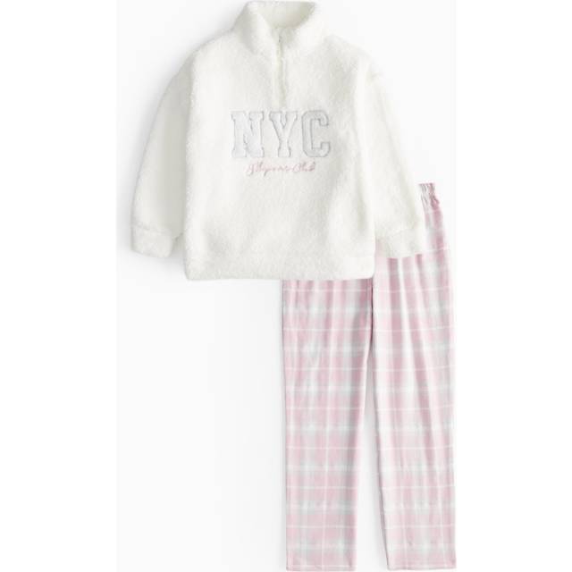 NYC Slogan Cream Fleece & Pink Check Pyjama Bottoms 8-9 years