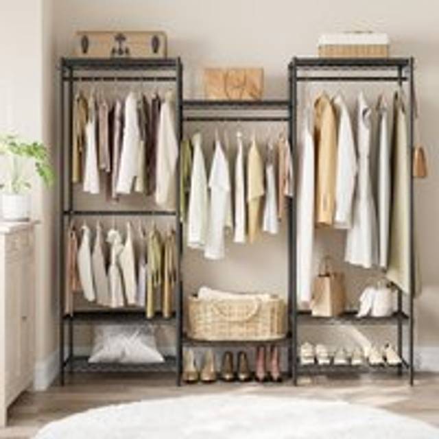 SONGMICS Open Wardrobe Metal Clothes Rails Adjustable Shelves Dividable in Black