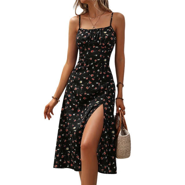 (L, Black) Women'S Floral Summer Dress Spaghetti Strap Midi Backless Split Vacation Beach Boho White S