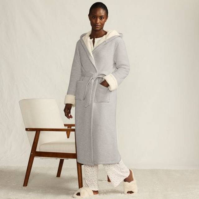 Waffle Knit Borg Fleece Dressing Gown, Women, size: 16-18, regular, Grey, Polyester/Viscose, by Lands' End (16-18)