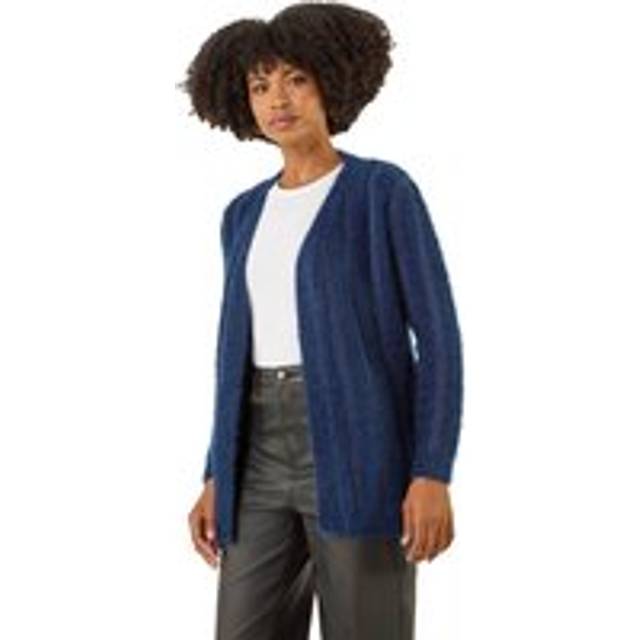 Roman Fluffy Textured Knit Longline Cardigan In Navy - 10