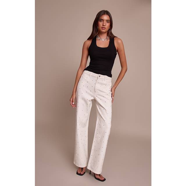 White High Waist Hotfix Straight Leg Denim Jeans - 16