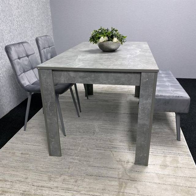 Kosy Koala Dining Table(117X77X75Cm) And 2 Chairs With Bench Stone Grey Effect Wood Table 2 Grey Velvet Chairs And Bench, Grey