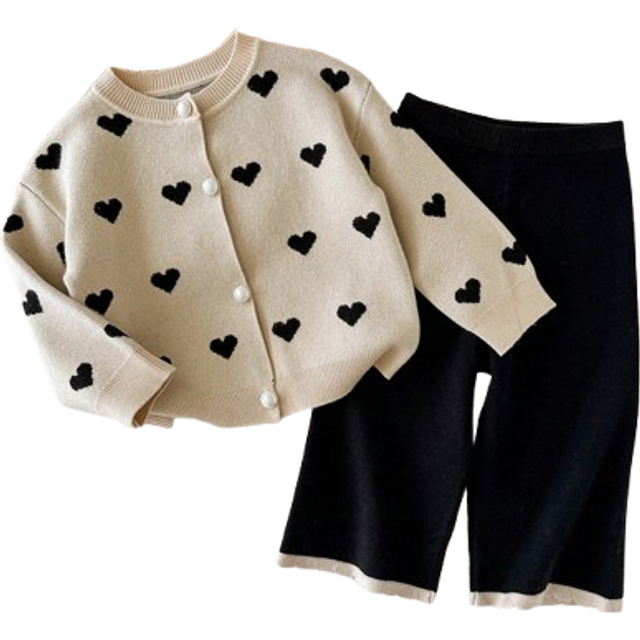 SHEIN Baby Girl Heart Pattern Long Sleeve Single-Breasted Knitted Cardigan And Knitted Pants Casual Suit,In Fall/Winter