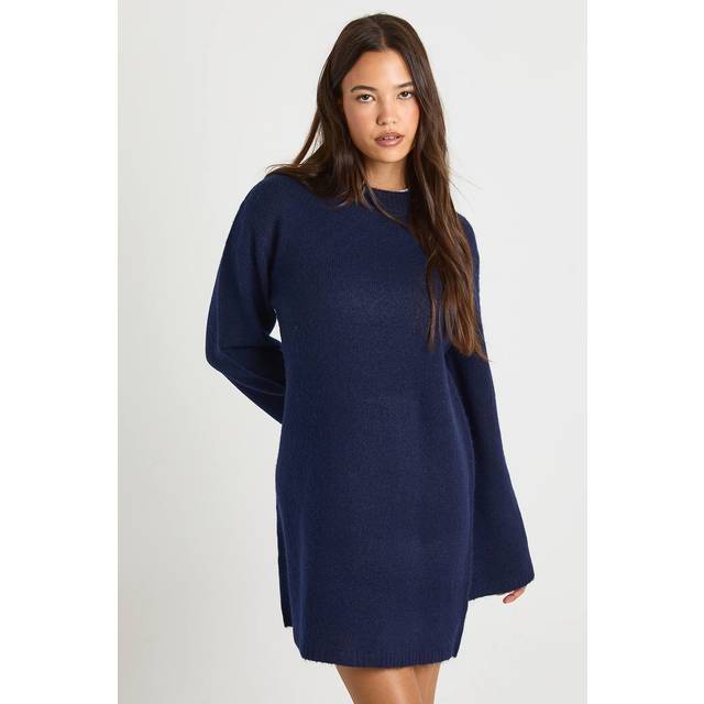Womens Crew Neck Flared Sleeve Knitted Mini Dress - Navy - L, Navy
