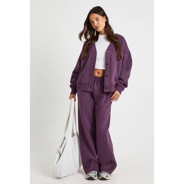 Womens Button Through Cardigan Sweatshirt And Straight Leg Jogger Tracksuit - Purple - M, Purple