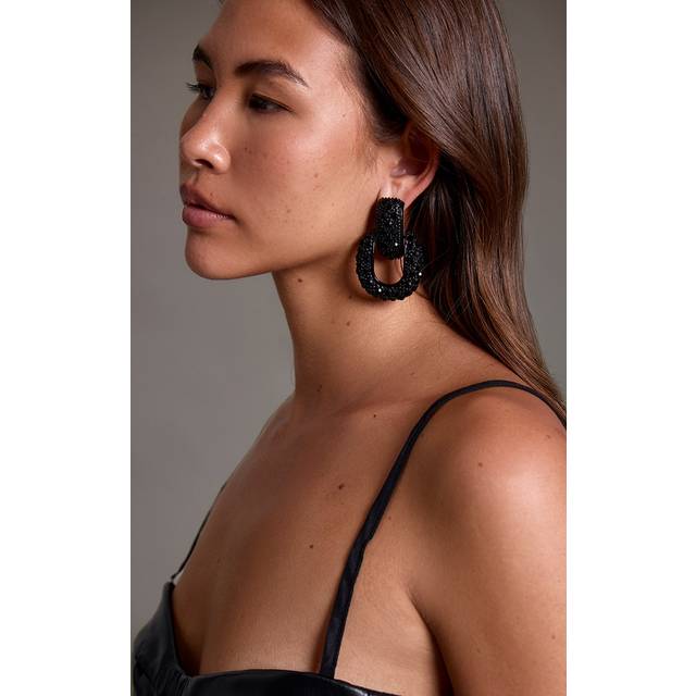 Black Diamante Door Knocker Statement Earrings - One Size