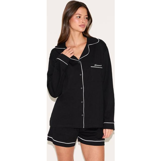 Black Bridesmaid Embroidered Jersey Piping Short Pj Set - XS