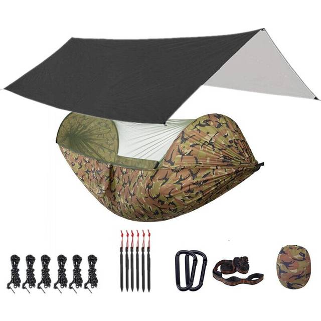 (Black and camouflage) Camping Hammock with Mosquito Net and 118x118in Rain Fly Tarp,10-ring Tree Strap Hammocks Swing for Backpacking, Survival,Trave