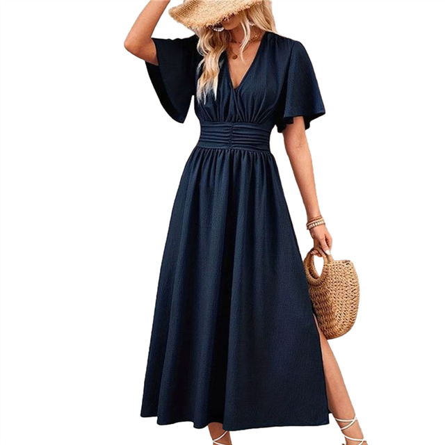 (M, Navy Blue) Women'S Summer Flowy Midi Dress Casual V Neck Short Sleeve Waist Boho Beach Wedding Guest Maxi Light Blue S