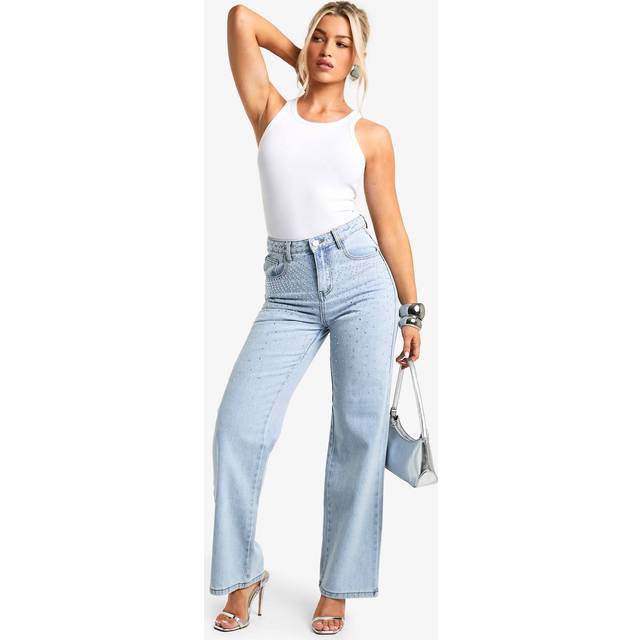 Womens Diamante Detail Wide Leg Jeans - Blue - 6, Blue