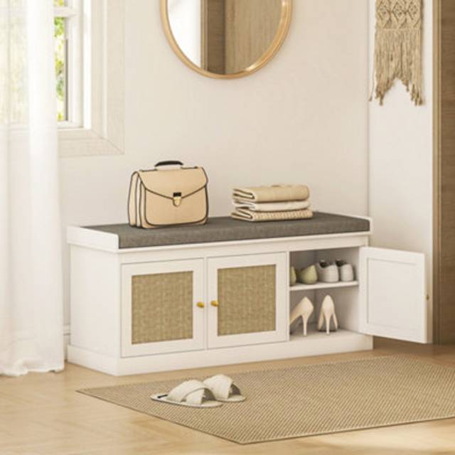 Entryway Shoe Storage Bench with Rattan Doors and Cushion