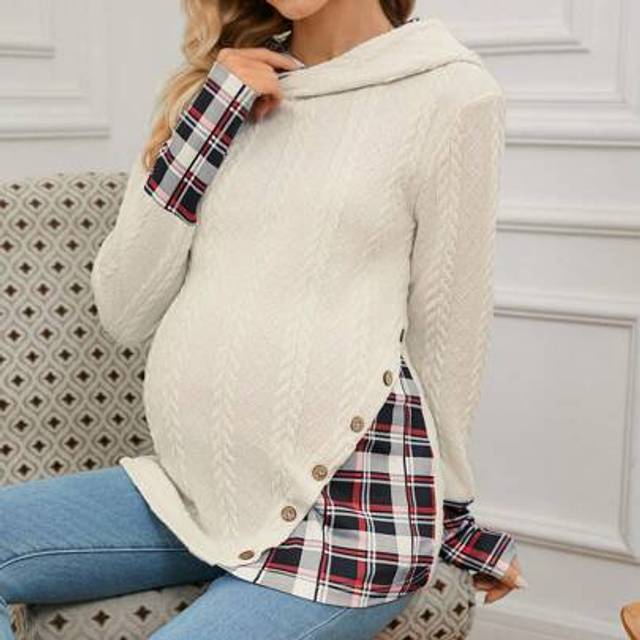 SHEIN Maternity Patchwork Plaid Long Sleeve Button Hoodie, Casual For Autumn, For Winter