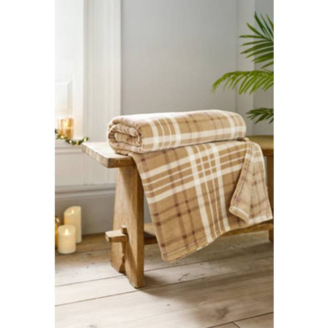 Deyongs Snuggle Check Throw Blanket 140X180Cm – Super Soft Coral Fleece – Printed Plaid Design In Fawn - 140cm x 180cm
