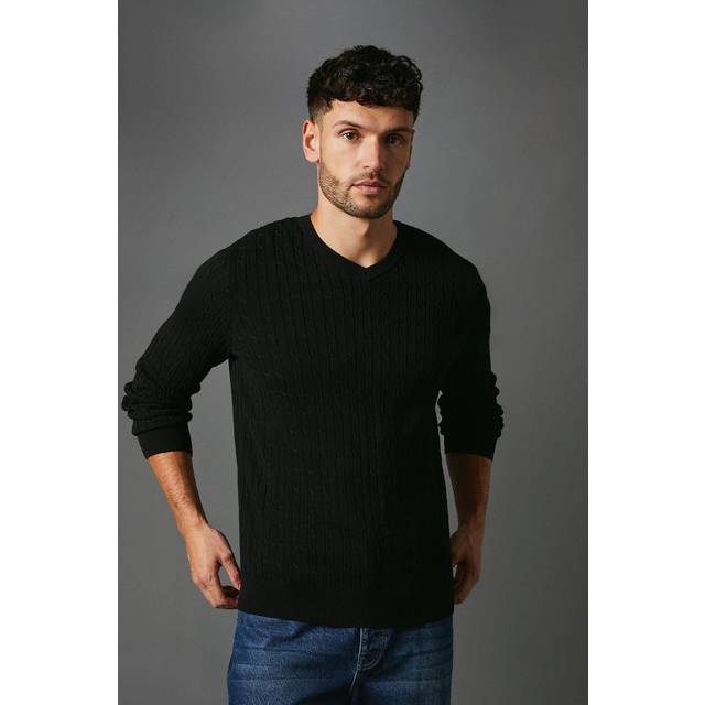 Maine Mens Black Jumper Cotton Cable Knit Crew Neck Long Sleeve Regular Fit