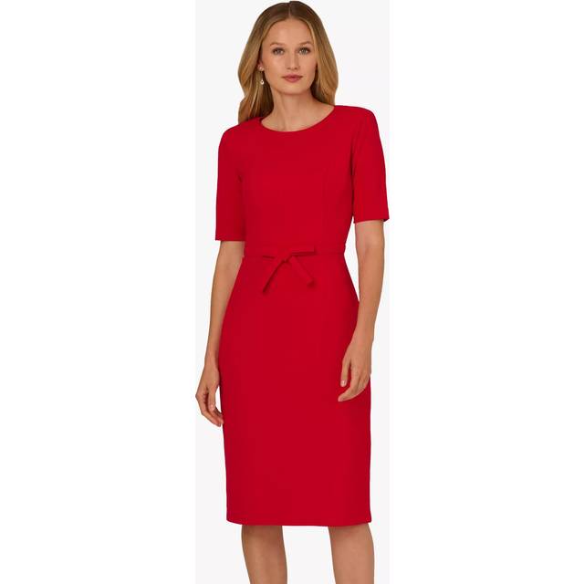 Short Sleeve Bow Waist Sheath Dress In Red - 4