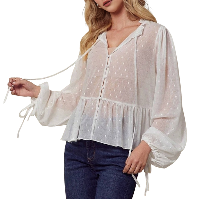 (L, White) Women'S See Through Mesh Polka Dots Bow- Front Ruffle Peplum Long Sleeve Blouse White XS