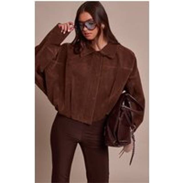Chocolate Faux Suede Covered Placket Bomber Jacket - 8