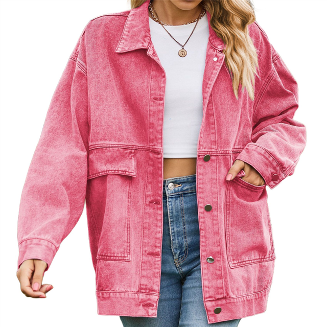 (S, Pink) Women'S Button-Down Vintage Ripped Blue Denim Jacket Khaki M