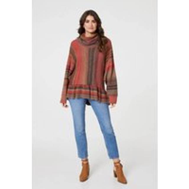 Izabel London Striped Oversized Frill Roll Neck Jumper In Orange - S/M