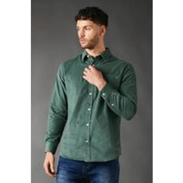 Maine Mens Corduroy Long Sleeve Shirt - Green Cotton - Size Medium