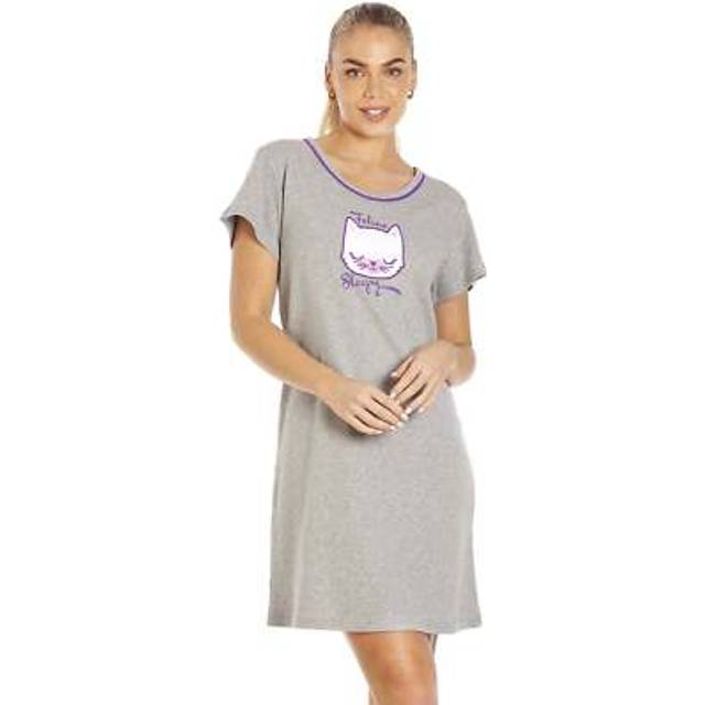 Camille Short Sleeve Cat Print Summer Nightdress In Grey - 8-10