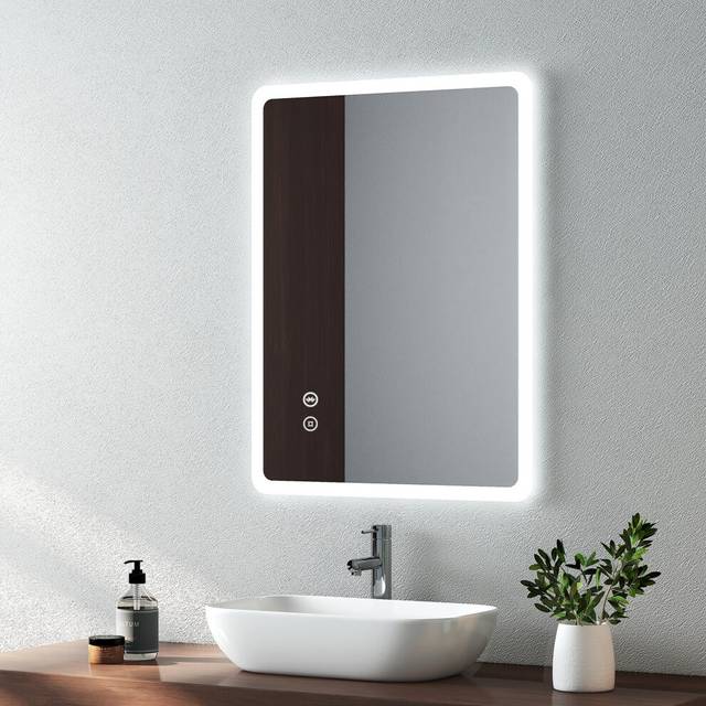EMKE 450 X 600 mm Backlit Illuminated Bluetooth Bathroom Mirror with Shaver Socket, Wall Mounted Multifunction Bathroom Vanity Mirror with LED Lights