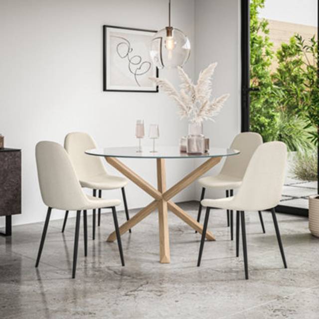 More4Homes Malvern Round Dining Table And Chairs -  Clear Glass Table Top W Solid Oak Legs + Maya Boucle Dining Chair Set Of 4 (Ivory White) - One Size