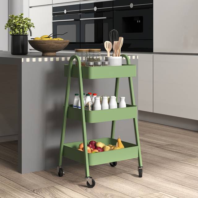 HOMCOM 3-Tier Storage Trolley on Wheels with Handles for Living Room, Kitchen in Green - One Size