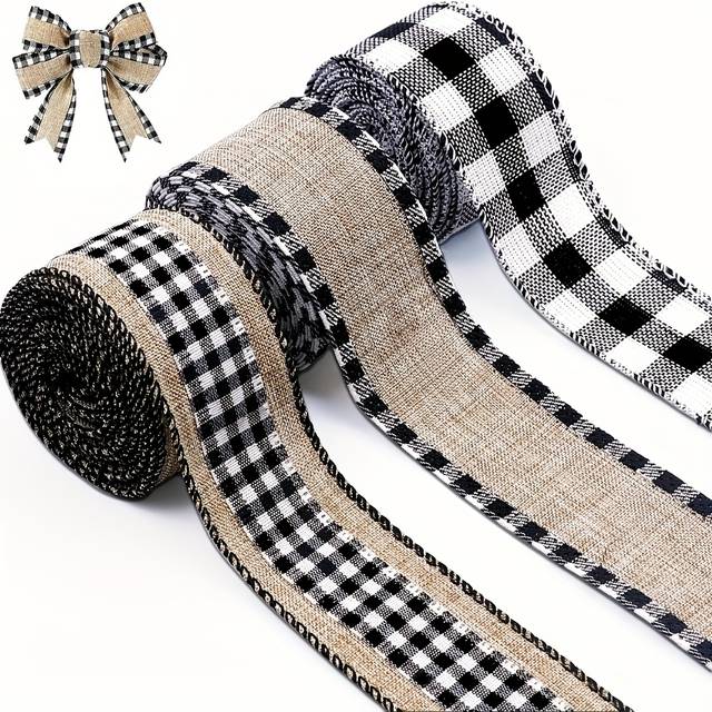 TEMU 3 Rolls Of Christmas Ribbon With Edges, 9. Of Burlap Ribbon For Christmas Tree Packaging Crafts Decoration 3.81cm Wide (black And White)