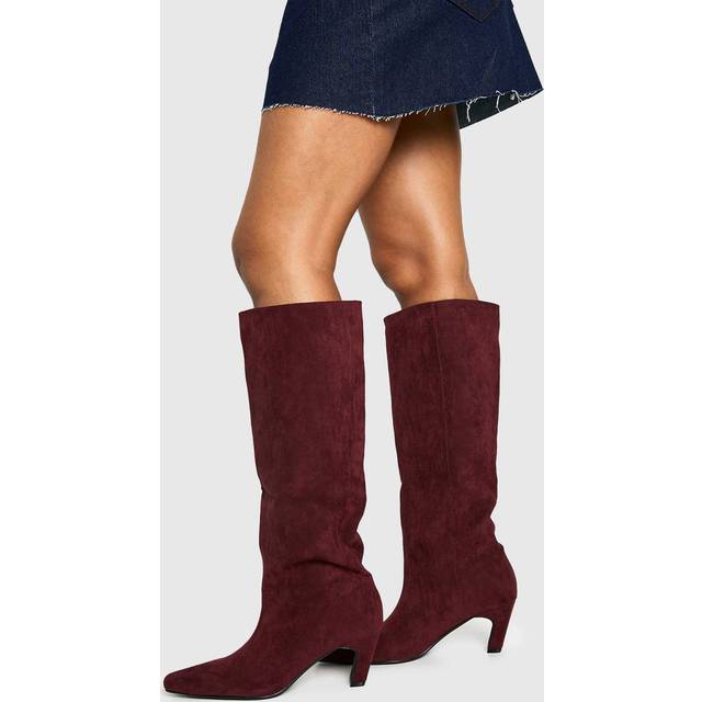 Womens Faux Suede Flared Heel Column Pointed Knee High Boots - 4, Red