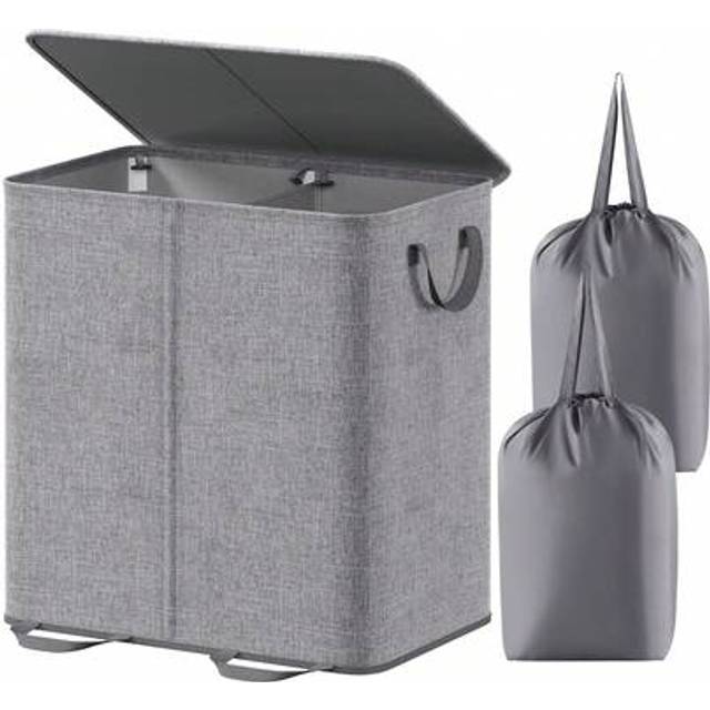 SHEIN 136L Double Laundry Basket With Lid And Removable Laundry Bags, Large Foldable Clothes Hamper Washing Bin With Handles For Bedroom, Bathroom, Livingro