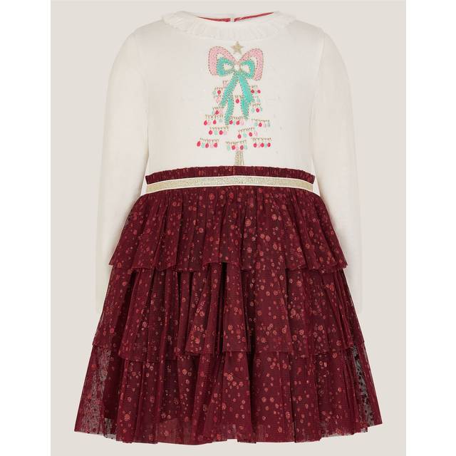 Monsoon Baby Long Sleeved Christmas Tree Dress, Red