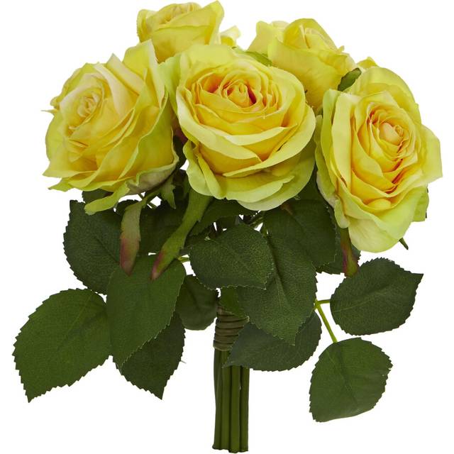 Nearly Natural Rose Bush Artificial Flower Stem Bunch  Set of 2  Yellow