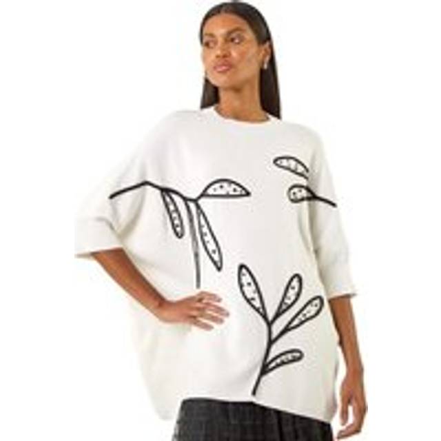 Roman Leaf Embroidered Knit Jumper In Ivory - One Size