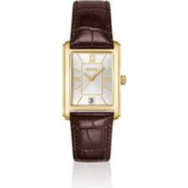 BOSS Mens Principle Gold Tone Brown Leather Strap Watch 1514300
