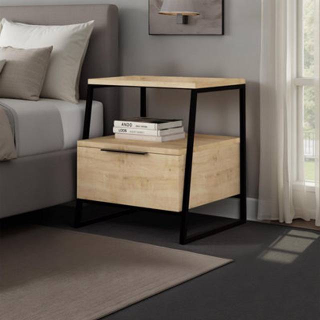 FWStyle Oak 1 Door Bedside Table Nightstand Black Metal in Brown - One Size