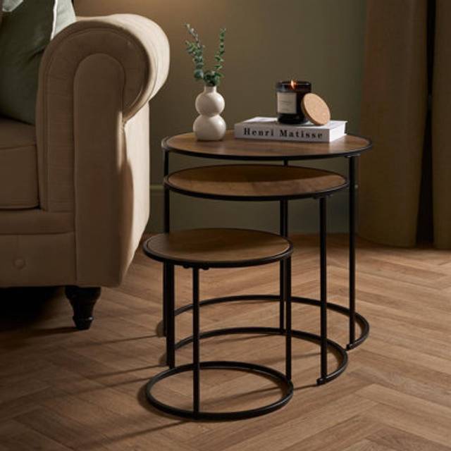 OHS Manhattan Nest of 3 Round Side Tables - Dark Wood - Natural
