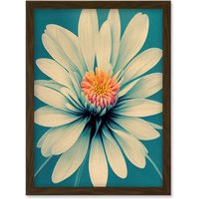 Chrysanthemum Floral Bloom Macro Flower in Teal and Pink Artwork Framed Wall Art Print A4 - Brown - One Size